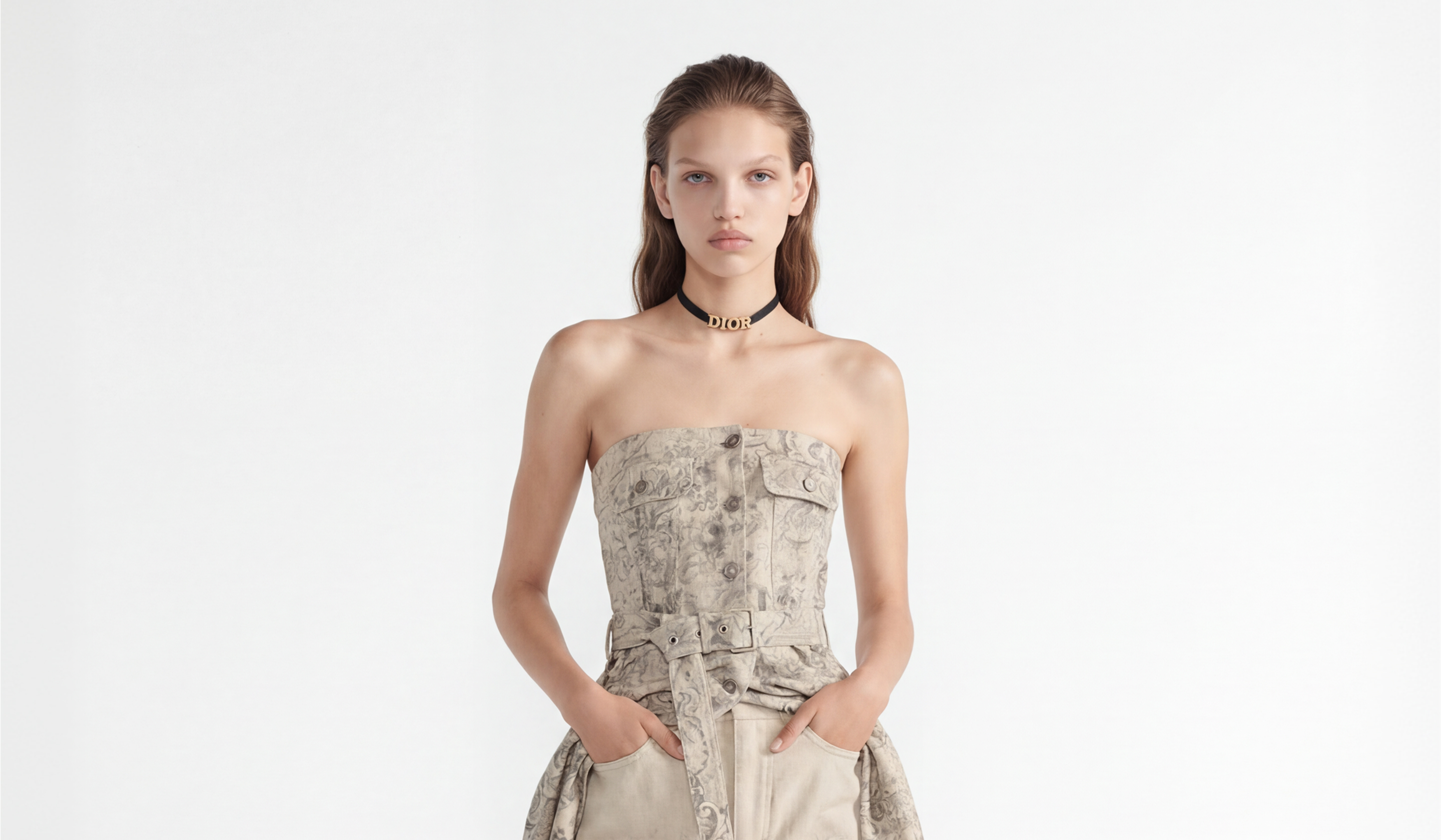 Model in strapless floral corset with Dior choker